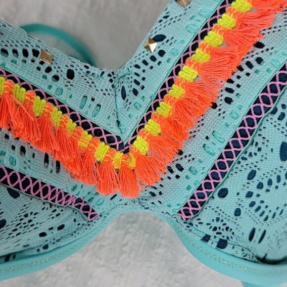 Shade & Shore 36DD Underwire Plunge Bikini Top Blue Crochet Orange Fringe Stud - Picture 3 of 9